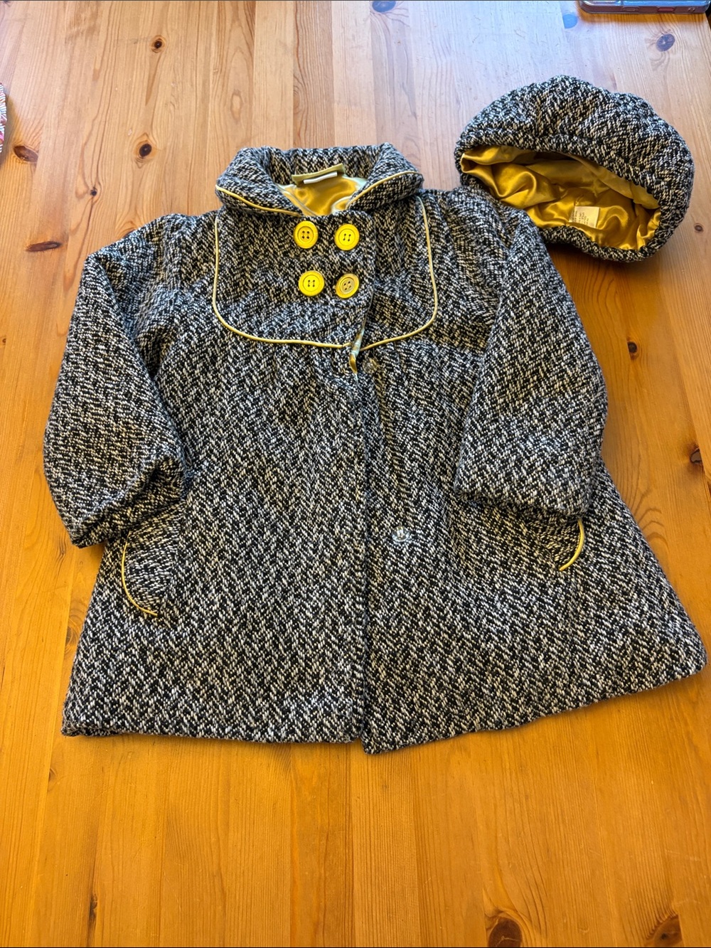 Gray Tweed Kids Coat with gold  Trim and Buttons and hat
